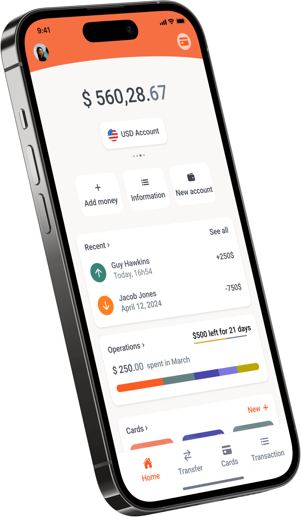 Phone displaying TPF wallet app, fields include total funds and recent purchases.
