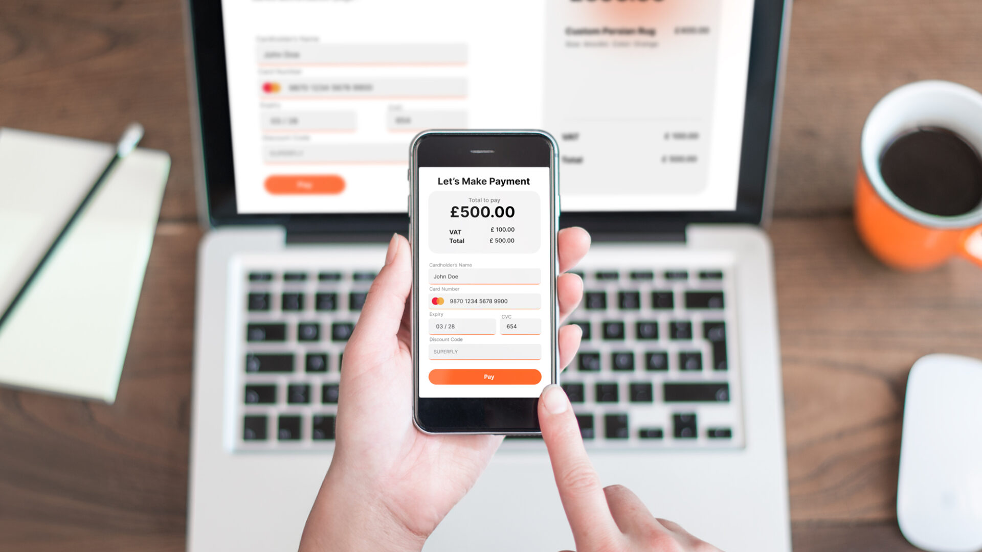 Mobile and desktop screens showing business payment platform.
