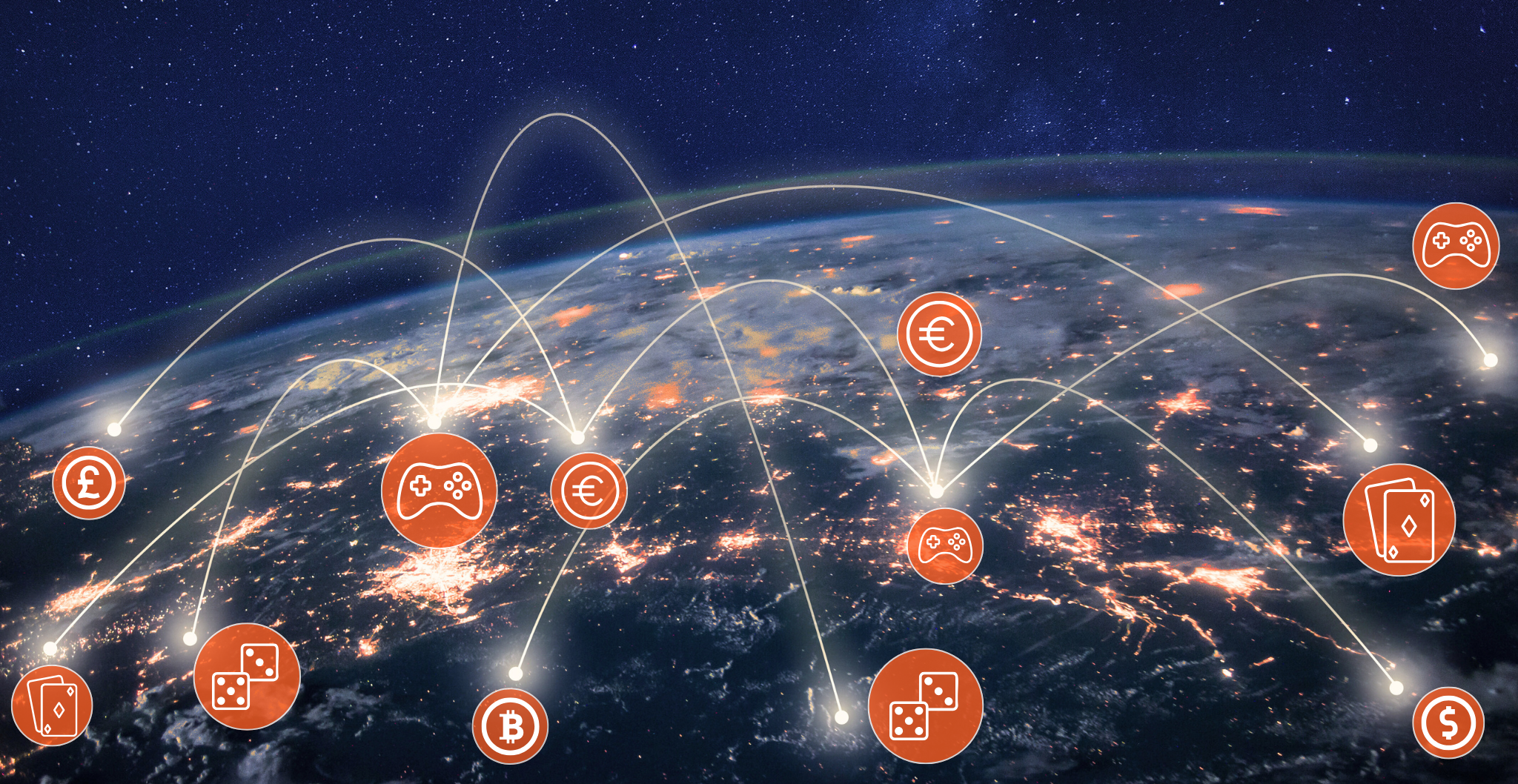 World map with currency and gaming icons to show multiple payments options in igaming