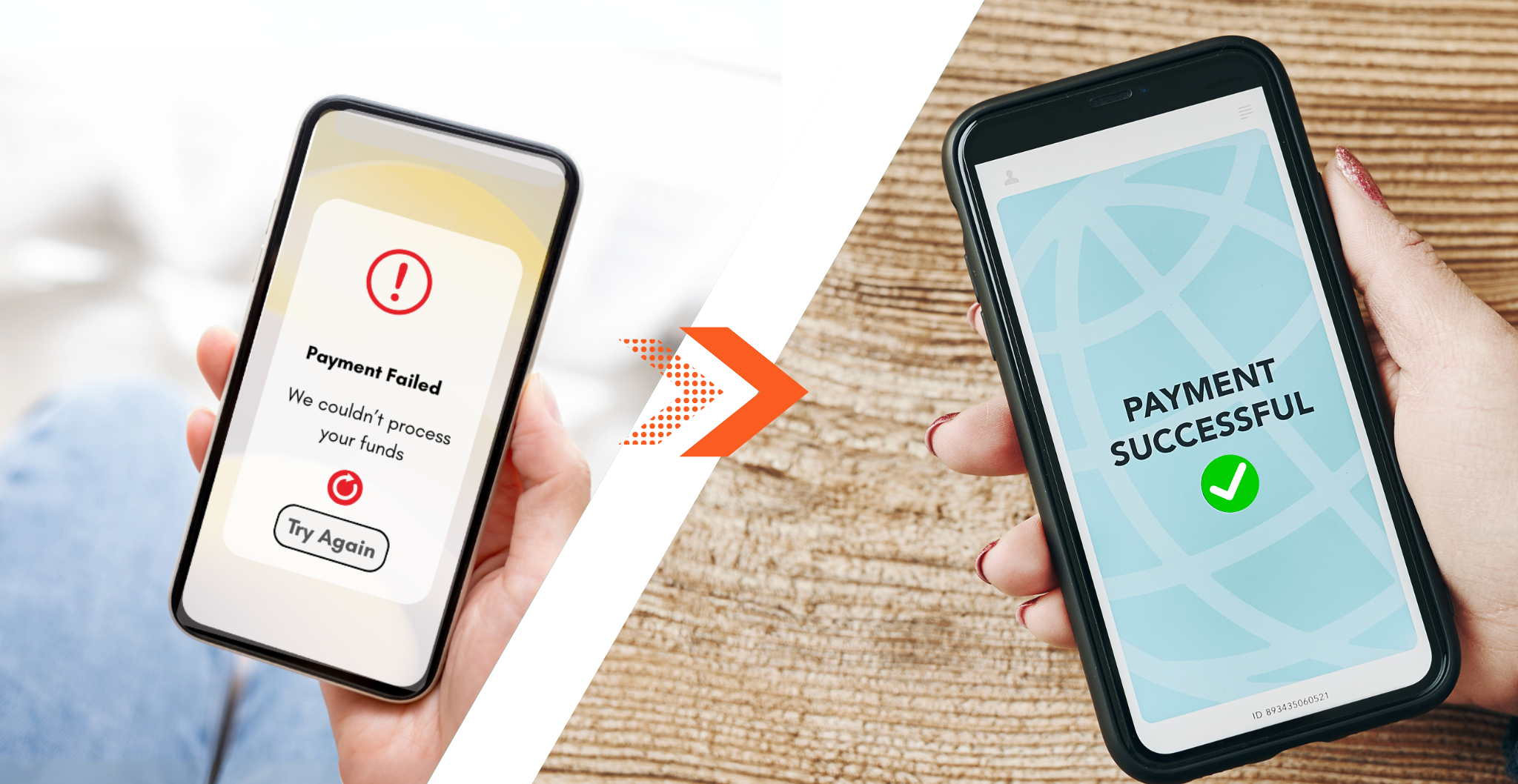 Phone on left displaying failed transaction, phone on right displaying successful transaction.