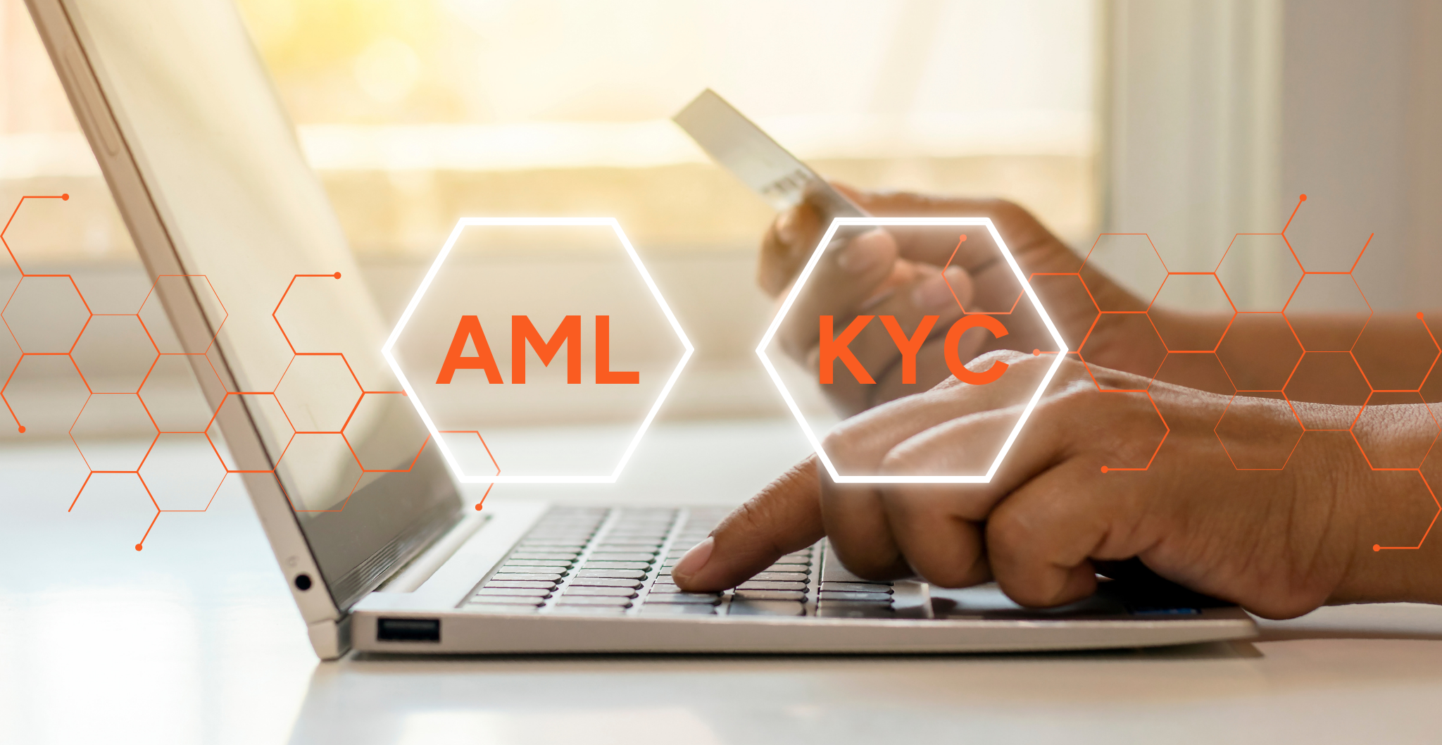 Hands typing on a laptop keyboard with floating modular shapes displaying 'KYC' and 'AML', representing compliance processes.